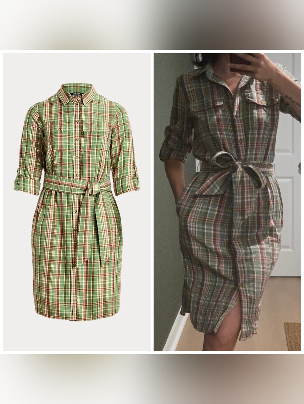 Lauren Ralph Lauren Plaid Cotton Belted Shirtdress, Size 2, Green Plaid Midi